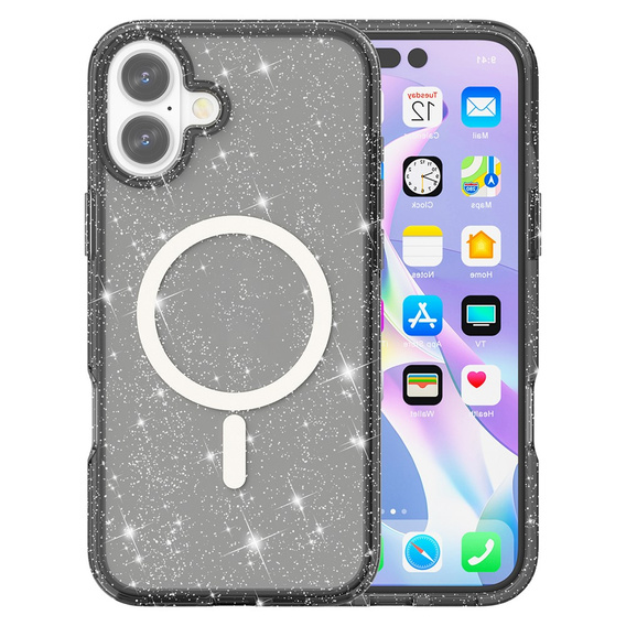 Husă pentru iPhone 17, pentru MagSafe, glitter, negru translucid