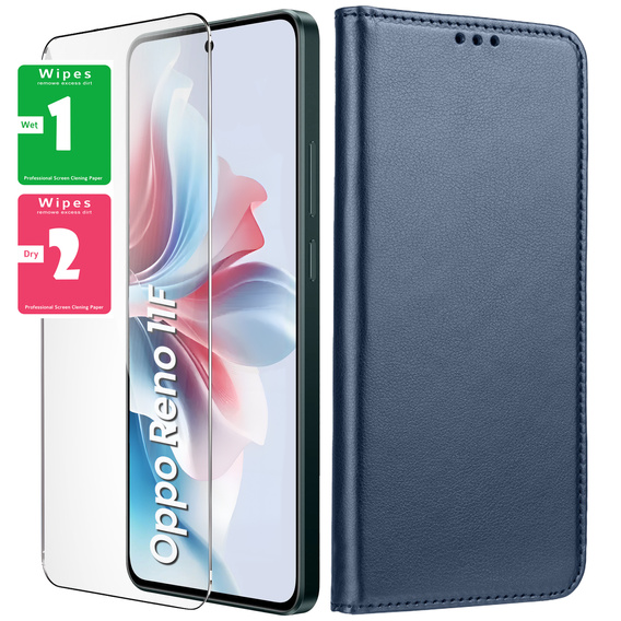 Husă pentru Oppo Reno 11F 5G, Smart Magnet, albastru închis + sticlă 9H