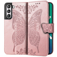 Cu clapetă pentru Samsung Galaxy S21 FE, Butterfly, roz rose gold