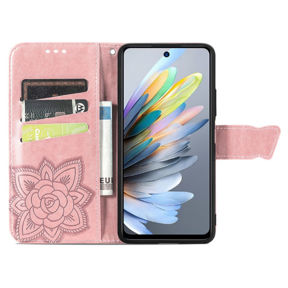 Cu clapetă pentru Motorola Moto G15 / Motorola Moto G15 Power, Butterfly, roz rose gold