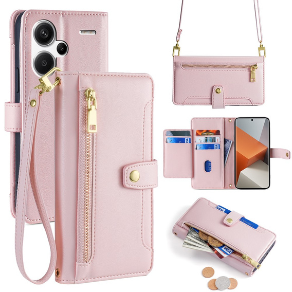 Cu clapetă pentru Xiaomi Redmi Note 13 Pro+, Wallet Zipper Pocket, roz