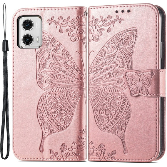 Cu clapetă pentru Motorola Moto G73 5G, Butterfly, roz rose gold