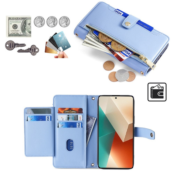 Cu clapetă pentru Xiaomi Redmi Note 13 5G, Wallet Zipper Pocket, albastru