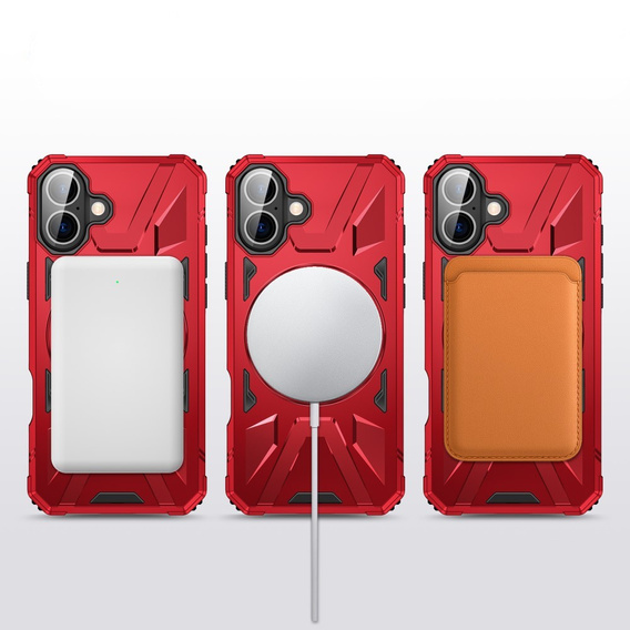 Carcasă pentru iPhone 16, blindată cu suport și placă pentru mâner, roșu