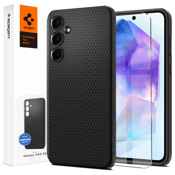 Carcasa Spigen pentru Samsung Galaxy A55 5G, Liquid Air, negru + 9H Tempered Glass