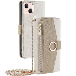 Carcasă flip pentru iPhone 13, Wallet Zipper Pocket, cu oglindă, alb