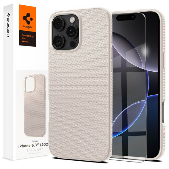 Carcasa Spigen pentru iPhone 16 Pro, Liquid Air, titan + 9H Tempered Glass