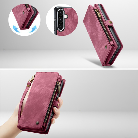 Husă CASEME pentru Samsung Galaxy A56 5G, Retro Leather Wallet, cu curea de umăr, roșu