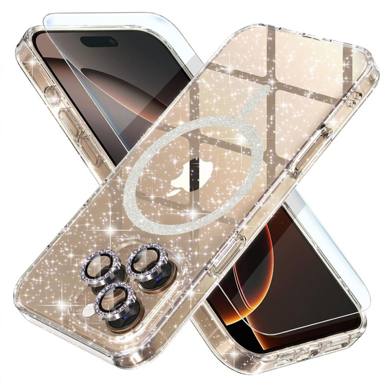 Husă pentru iPhone 16 Pro, ERBORD Glitter MagSafe, transparentă + Sticlă pentru ecran