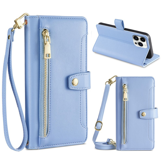 Cu clapetă pentru iPhone 15 Pro, Wallet Zipper Pocket, albastru