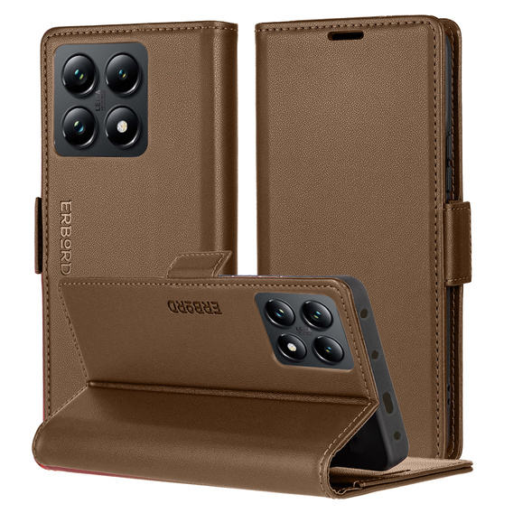 Husă pentru Xiaomi 14T, ERBORD Glossy Litchi, portofel cu clapetă, maro