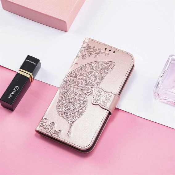 Cu clapetă pentru Oppo Reno 13F / Oppo Reno 13FS, Butterfly, roz rose gold