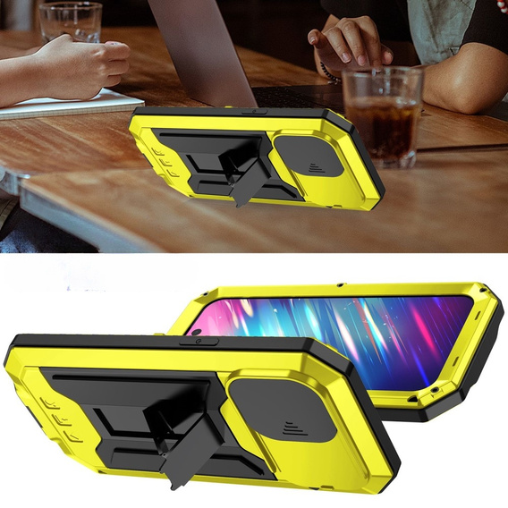 Husă pentru iPhone 14 Pro, R-JUST CamShield Slide, armată, galben / negru