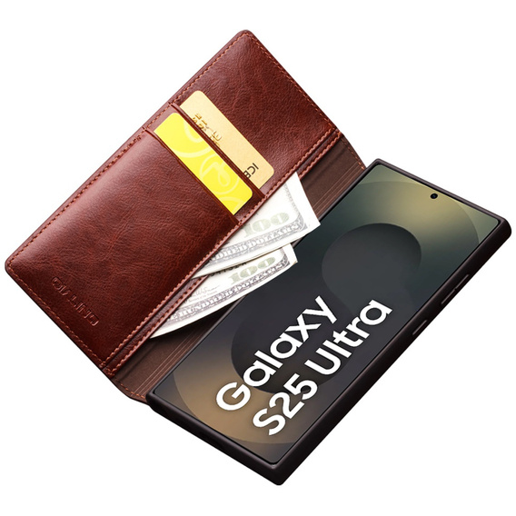 Carcasa flip pentru Samsung Galaxy S25 Ultra, QIALINO Leather Wallet, maro închis