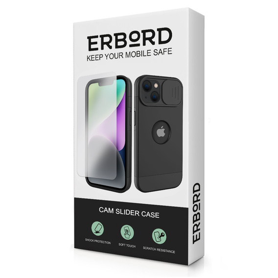 Husă ERBORD MagSafe Cam Slider, negru + sticlă pentru ecran pentru iPhone 13 / iPhone 14
