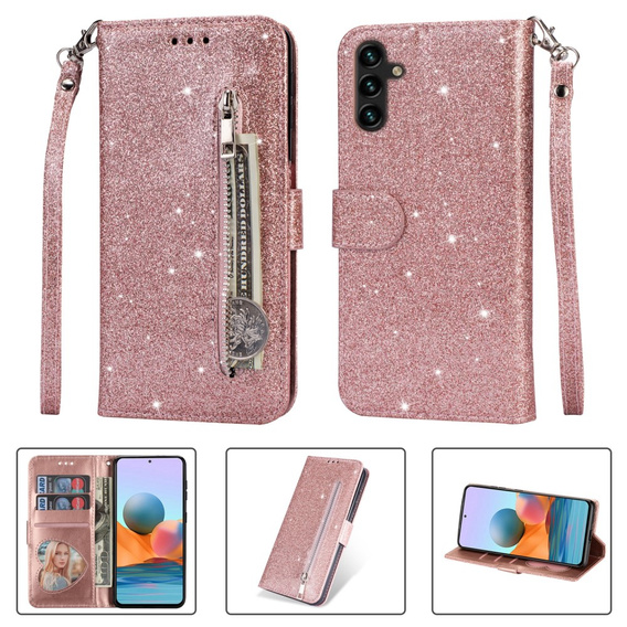 Cu clapetă pentru Samsung Galaxy A35 5G, Wallet Zipper Pocket Glittery, roz rose gold