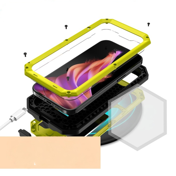 Husă pentru iPhone 15, R-JUST CamShield Slide, armată, galben / negru
