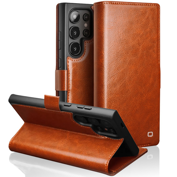 Carcasa flip pentru Samsung Galaxy S25 Ultra, QIALINO Leather Wallet, maro