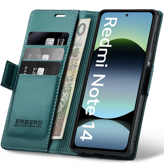 Husă pentru Xiaomi Redmi Note 14 5G, ERBORD Glossy Litchi, portofel cu clapetă, verde