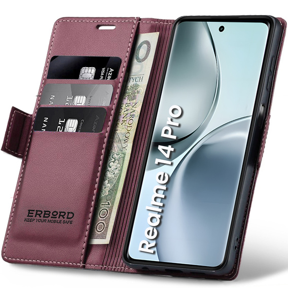 Husă pentru Realme 14 Pro 5G, ERBORD Glossy Litchi, portofel cu clapetă, roșu