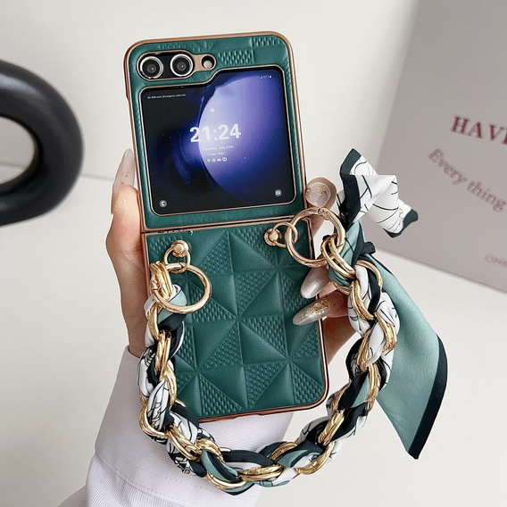 Husă pentru Samsung Galaxy Z Flip7 FE / Z Flip6, Grid Leather, verde