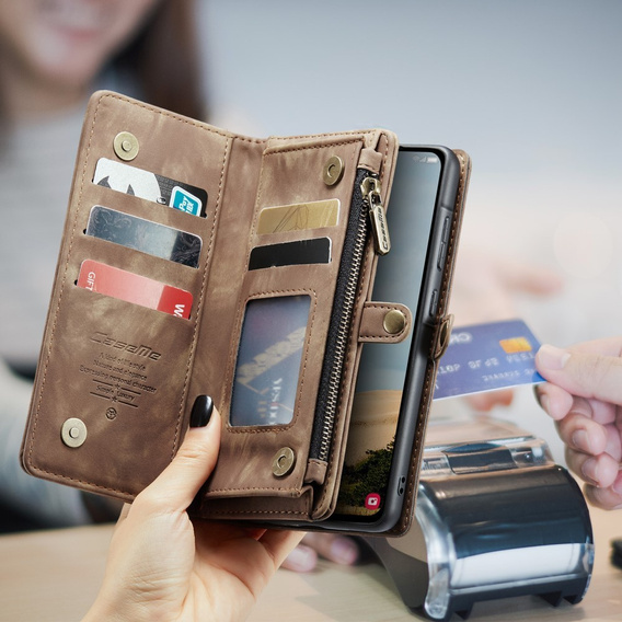 Husă CASEME pentru Samsung Galaxy A56 5G, Retro Leather Wallet, cu curea de umăr, maro