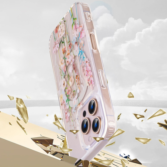 Husă magnetică cu model floral realizat cu laser pentru iPhone 16 Pro