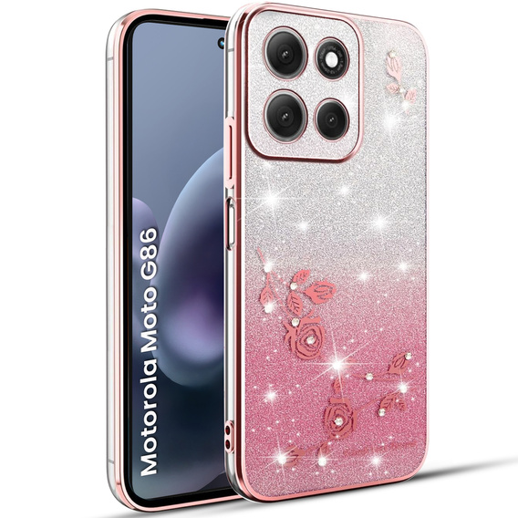 Husă pentru Motorola Moto G86 5G, Glitter Flower, roz rose gold