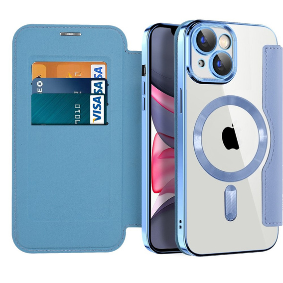 Cu clapetă pentru iPhone 15, RFID Wallet MagSafe CamShield, albastru