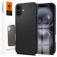 Carcasa Spigen pentru iPhone 16, Liquid Air, negru + 9H Tempered Glass