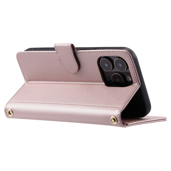 Husă cu clapetă pentru iPhone 16 Pro, Rhombus Crossbody Leather, roz rose gold