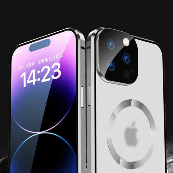 Carcasa Magnetic Dual Glass MagSafe pentru iPhone 15 Pro Max, de argint
