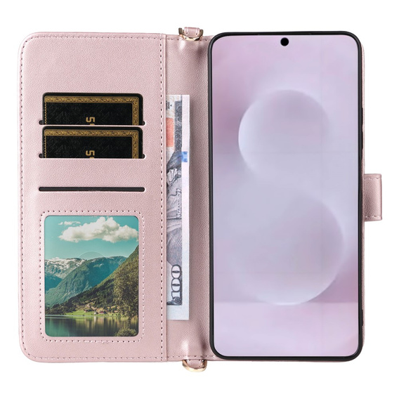 Carcasă cu clapetă pentru Samsung Galaxy S25 Edge, Crossbody Leather Wallet, roz