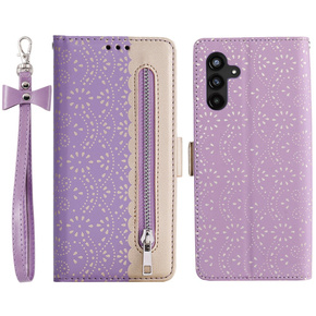 Carcasă cu clapetă pentru Samsung Galaxy A35 5G, Wallet Pocket Zipper Lace, violet