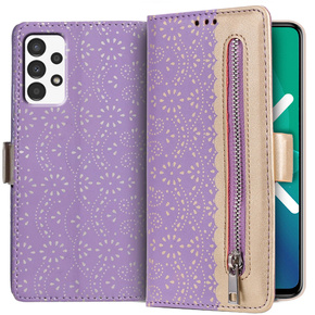 Carcasă cu clapetă pentru Samsung Galaxy A53 5G, Wallet Pocket Zipper Lace, violet