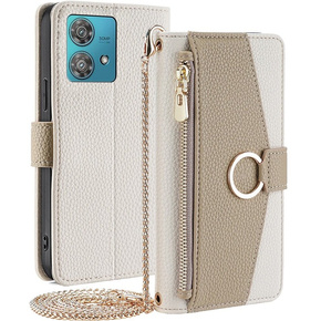 Carcasă flip pentru Motorola Edge 40 Neo 5G, Wallet Zipper Pocket, cu oglindă, alb