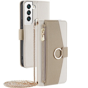 Carcasă flip pentru Samsung Galaxy S22, Wallet Zipper Pocket, cu oglindă, alb