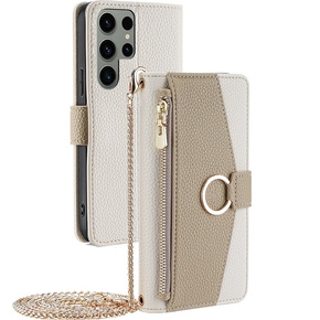 Carcasă flip pentru Samsung Galaxy S23 Ultra, Wallet Zipper Pocket, cu oglindă, alb