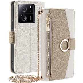 Carcasă flip pentru Xiaomi 13T / 13T Pro / Redmi K60 Ultra, Wallet Zipper Pocket, cu oglindă, alb