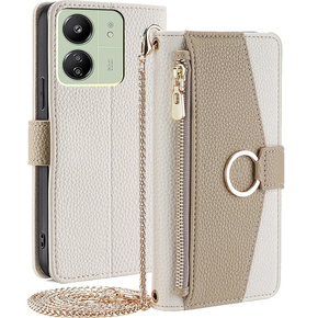 Carcasă flip pentru Xiaomi Redmi 13C / Poco C65, Wallet Zipper Pocket, cu oglindă, alb