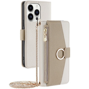 Carcasă flip pentru iPhone 14 Pro, Wallet Zipper Pocket, cu oglindă, alb