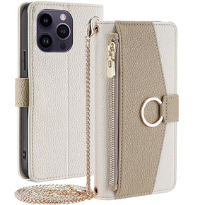 Carcasă flip pentru iPhone 15 Pro, Wallet Zipper Pocket, cu oglindă, alb