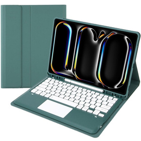 Carcasă + tastatură Apple iPad Pro 13" 7 gen. 2024, Leather Pen Slot TouchPad, verde închis