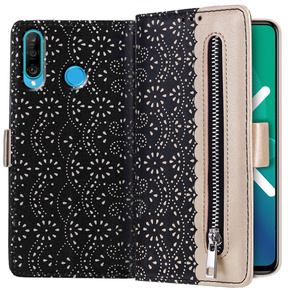 Cu clapetă pentru Huawei P30 Lite, Wallet Zipper Lace Case, negru