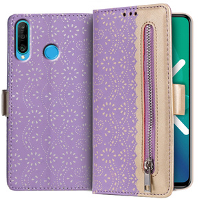 Cu clapetă pentru Huawei P30 Lite, Wallet Zipper Lace Case, violet