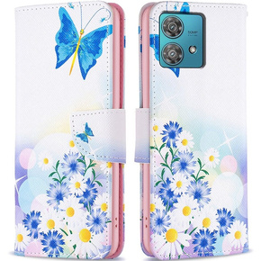 Cu clapetă pentru Motorola Edge 40 Neo, Wallet, butterfly & flowers, alb