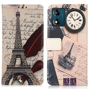 Cu clapetă pentru Motorola Moto E13, Wallet, Eiffel Tower, alb