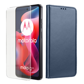 Cu clapetă pentru Motorola Moto G04 / G24 / G24 Power, Smart Magnetic, albastru închis + sticlă 9H