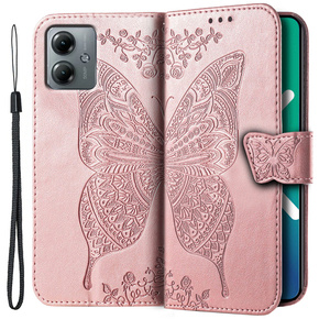 Cu clapetă pentru Motorola Moto G14, Butterfly, roz rose gold