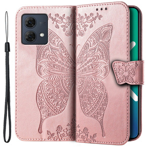 Cu clapetă pentru Motorola Moto G84, Butterfly, roz rose gold